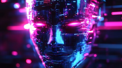 Poster - A pixelated abstract robot head, glowing digital elements, futuristic technology, neon blue and purple hues, hightech portrait design, detailed textures, 8K UHD