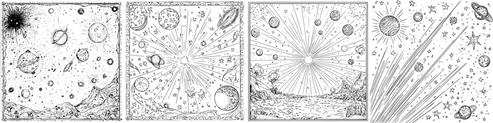 Wall Mural - cosmic illustrations showcasing celestial bodies and starry backgrounds in various artistic styles