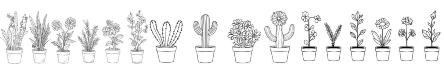 Wall Mural - a contemporary collection of hand-drawn house plants, including cacti in pots, set against a clean w