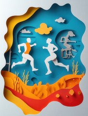 Poster - Dynamic paper cutout design showcasing energetic figures, gym equipment, and movement in a sports themed composition