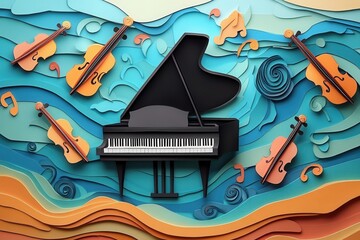 Poster - Musical notes flow around a grand piano and violins in a vibrant paper craft design celebrating music and creativity