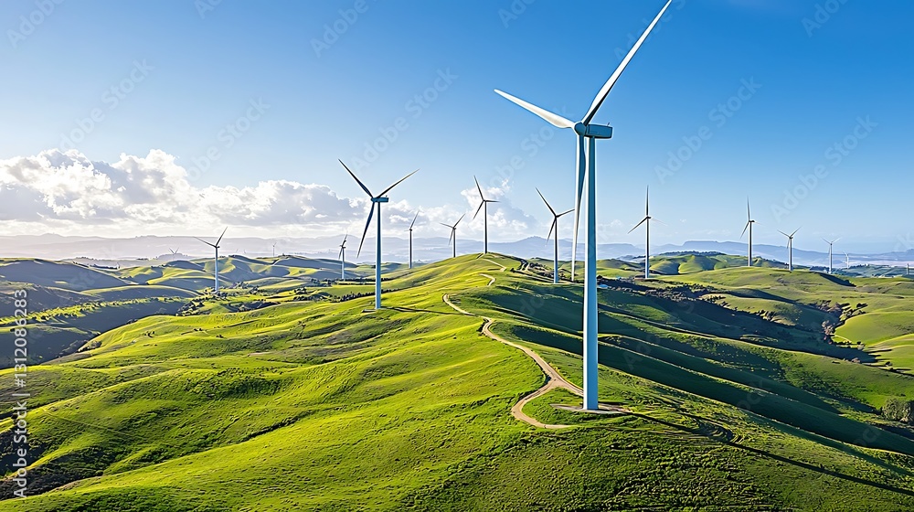 Wind turbines on rolling hills under a vibrant blue sky. Lush green ...