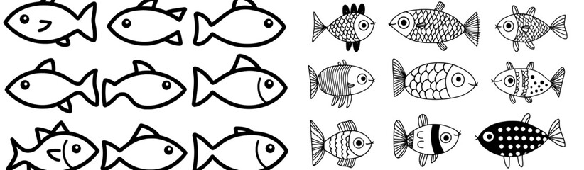 Wall Mural - modern illustration of aquarium fantasy fish, represented through a linear icon and an abstract cart