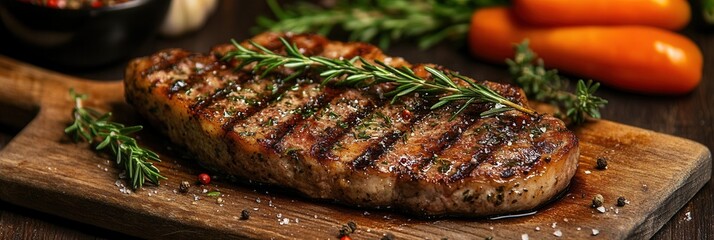 Aufkleber - Chef preparing steak with rosemary in restaurant kitchen featuring fresh vegetables and herbs on cutting board under soft lighting