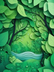 Poster - Lush green trees and delicate leaves form a vibrant eco friendly paper cutout design celebrating sustainability and nature