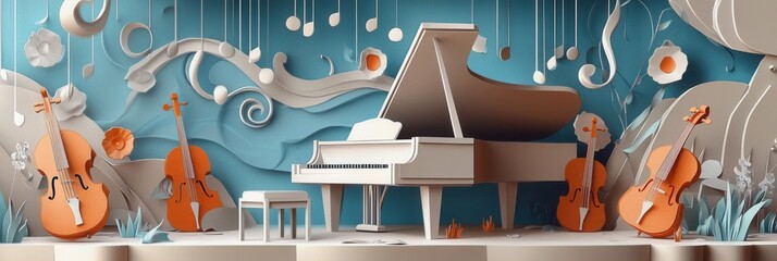 Poster - Musical notes and colorful instruments create a vibrant paper craft display around a grand piano and violins