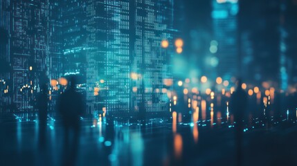 Futuristic city at night, abstract digital code, blurred figures.  Possible use  stock photo for technology, innovation, and urban design concepts