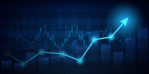 Wall Mural - abstract financial graph with uptrend line arrow and bar chart of stock market on blue color backgro