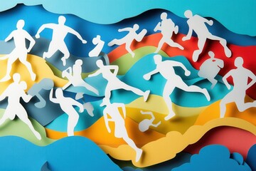 Fototapete - Dynamic illustration showcasing energetic running figures and gym equipment in a vibrant sports themed design