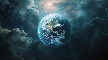 Wall Mural - Cinematic shot of planet earth globe clouds and space background: A cinematic view of planet Earth, capturing clouds and the vastness of space in the background, illustrating the beauty 