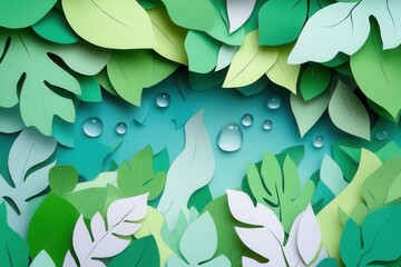 Poster - Lush paper cutout forest with vibrant green leaves and fresh water droplets creating an eco friendly design for sustainability themes