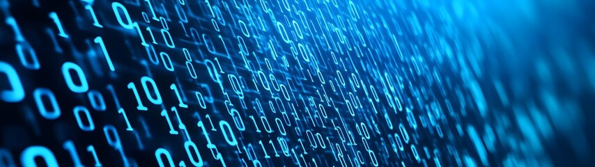 Fototapete - Glowing Binary Code Matrix on Blue Technology Background Digital Concept of Data Communication Computer Programming and Cybersecurity