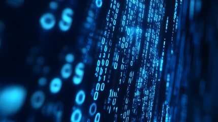 Fototapete - Glowing Blue Digital Matrix Background with Binary Codes and Data Flow Representing Modern Intelligence and Cyber Concepts