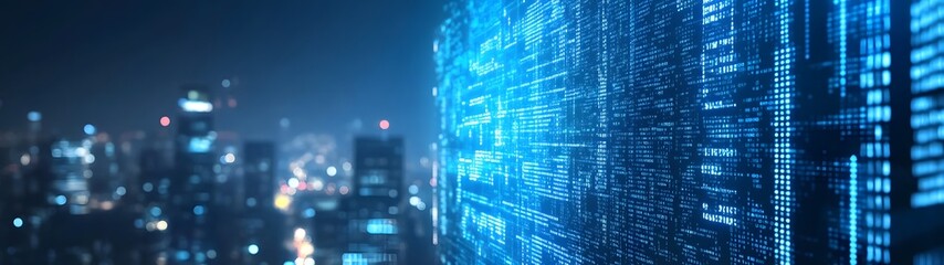 Poster - Glowing Cityscape of Futuristic Digital Metropolis at Night with Abstract Patterns of Illuminated Data and Technology Structures