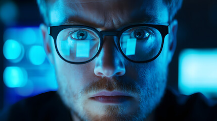 focused male cybersecurity expert analyzing data on a computer screen in a dark room