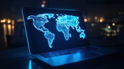 Global network connection displayed on laptop screen at night.