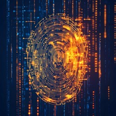 Fototapete - Glowing Digital Fingerprint with Futuristic Cybersecurity Data Network Visualization  Abstract technological background with pulsing particles circuits