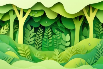 Poster - Lush green paper cutout illustration showcasing trees, leaves, and water droplets in a vibrant eco friendly design ideal for sustainability themes