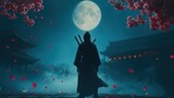 Samurai at Night Under Full Moon