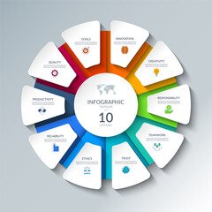 Wall Mural - Infographic circular diagram with 10 options. Round chart that can be used for business presentations, educational resources, marketing materials, visualizing data, simplifying complex information.