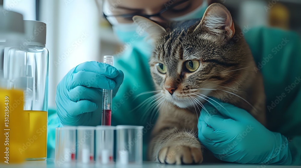 Lab Tested Cat Curious tabby cat watching laboratory work while scientist in ...