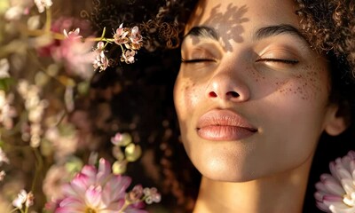 Wall Mural - relaxed young black woman with closed eyes among flowers