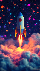 Aufkleber - Colorful toy rocket launching from clouds at night with colorful stars background, vertical image