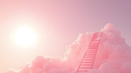 Fototapete - Pink ladder leads to fluffy clouds beneath a bright sun