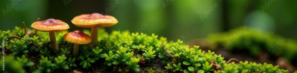 Forest floor moss carpeted with wild mushroom caps, foraging, woodland, earthy tones