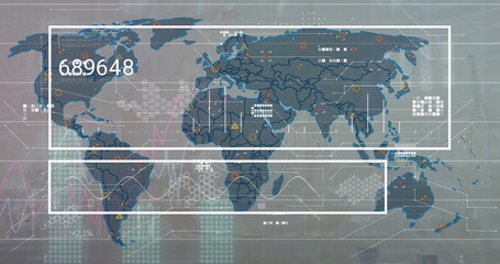 Image of data processing over world map on white background