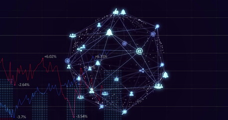 Wall Mural - Image of network of connections with icons over data processing