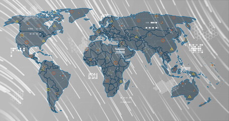 Wall Mural - image of world map with data processing over light trails on grey background