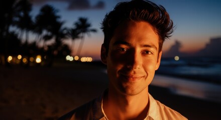 young caucasian male smiling on beach at sunset with palm trees silhouetted