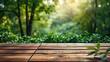 © Ahingska - Wooden Tabletop Lush Green Nature Background Spring Summer