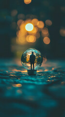 Aufkleber - Businessman standing inside light bulb with blurred background representing new ideas and future innovation