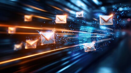 vibrant blue and orange abstract background featuring email icons representing digital communication