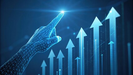 Future is in Your Hands: A digital hand pointing towards an array of upward-trending arrows, suggesting progress, growth, and forward movement, a fusion of technology and potential.