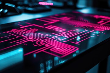 Wall Mural - abstract neon pink circuit board pattern on a dark reflective surface, glowing in the dark.