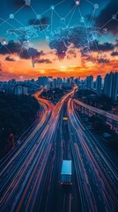 Wall Mural - connected world map over city at sunset