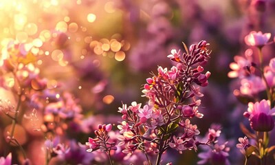 Wall Mural - close-up of vibrant pink flowers with sunlight and bokeh background