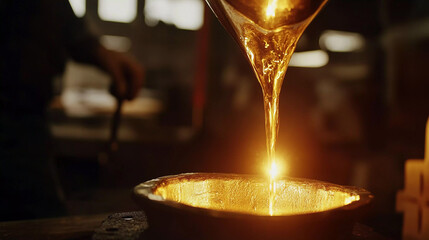 Aufkleber - Gold pours into a glowing mold in a workshop Generative AI