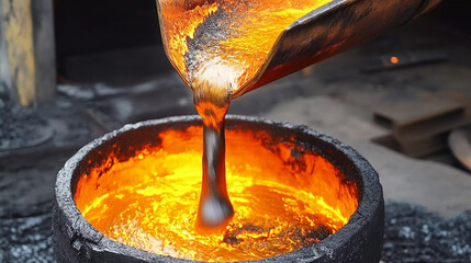 Aufkleber - Iron pours from ladle into melting pot during metalworking process Generative AI