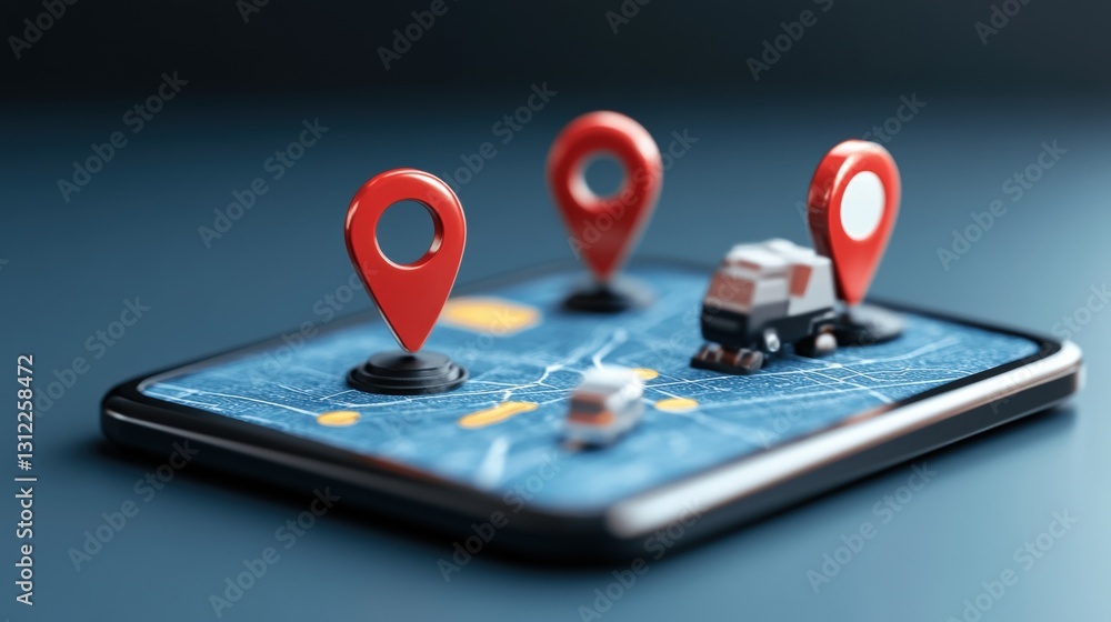 Smartphone displaying interactive map with red markers indicating ...