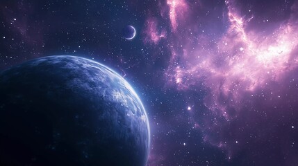 Wall Mural - a blue planet with a pink and purple sky. the sky is filled with stars and the planet is surrounded 