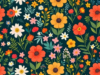Wall Mural - Colorful Floral Pattern on Dark Background
