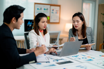 Poster - Business team analyzing financial data and working on project together