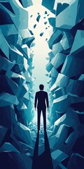 Wall Mural - A man stands in a deep, dark cave with a large pile of rubble around him