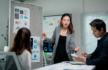 Poster - Business team analyzing financial data and discussing marketing strategy in office meeting
