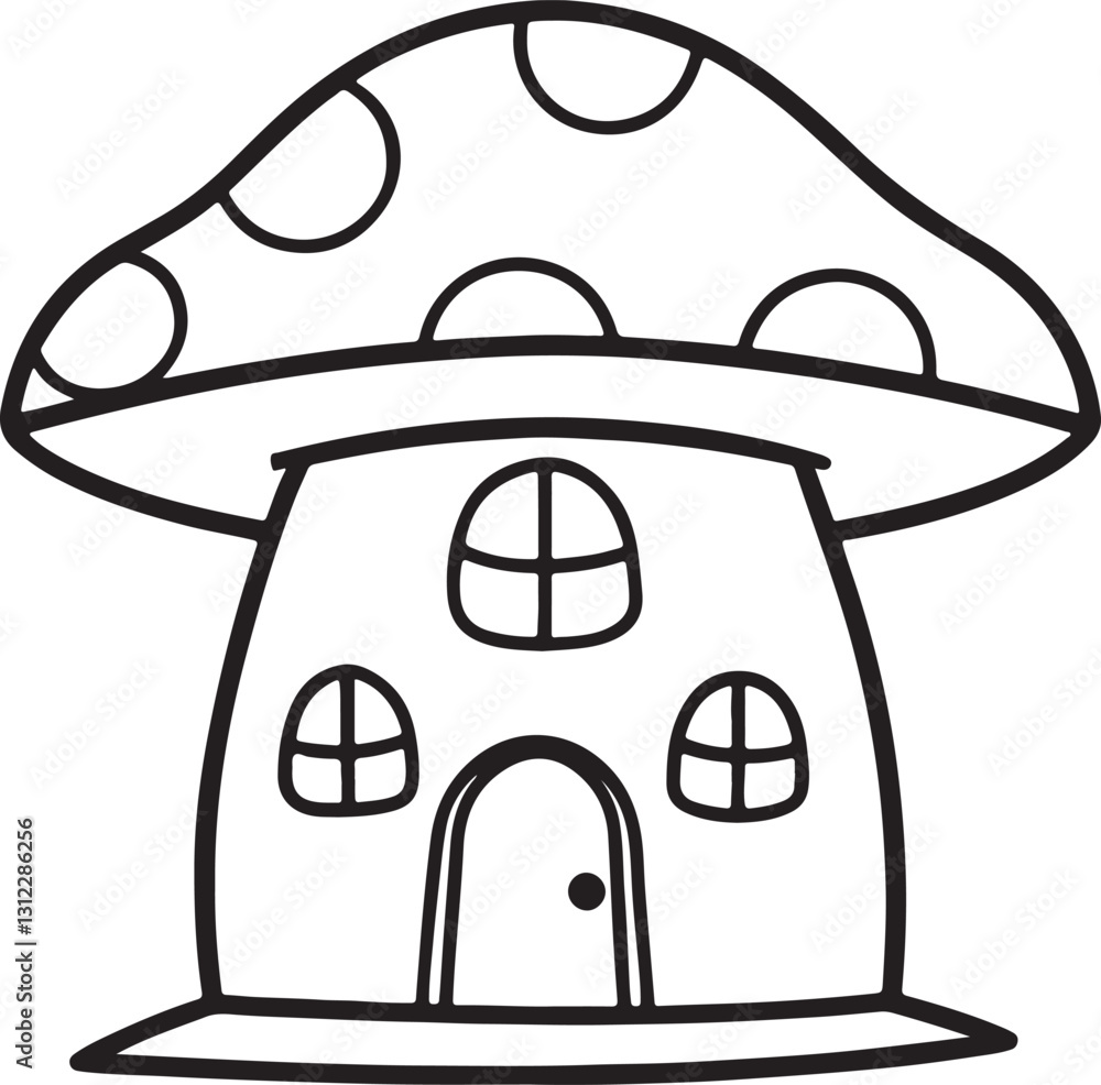 mushroom house line art, black outline, vector and illustration ...