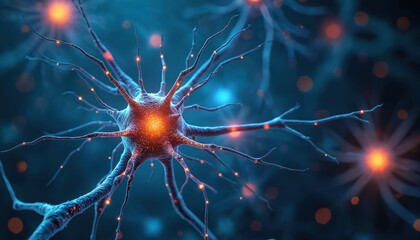 Poster - Close-up of neuron with blue glowing connections, orange electric impulses. Concept of neuroscience, brain functions, biology, neurology, neural networks. Microscopic cell anatomy, physiology